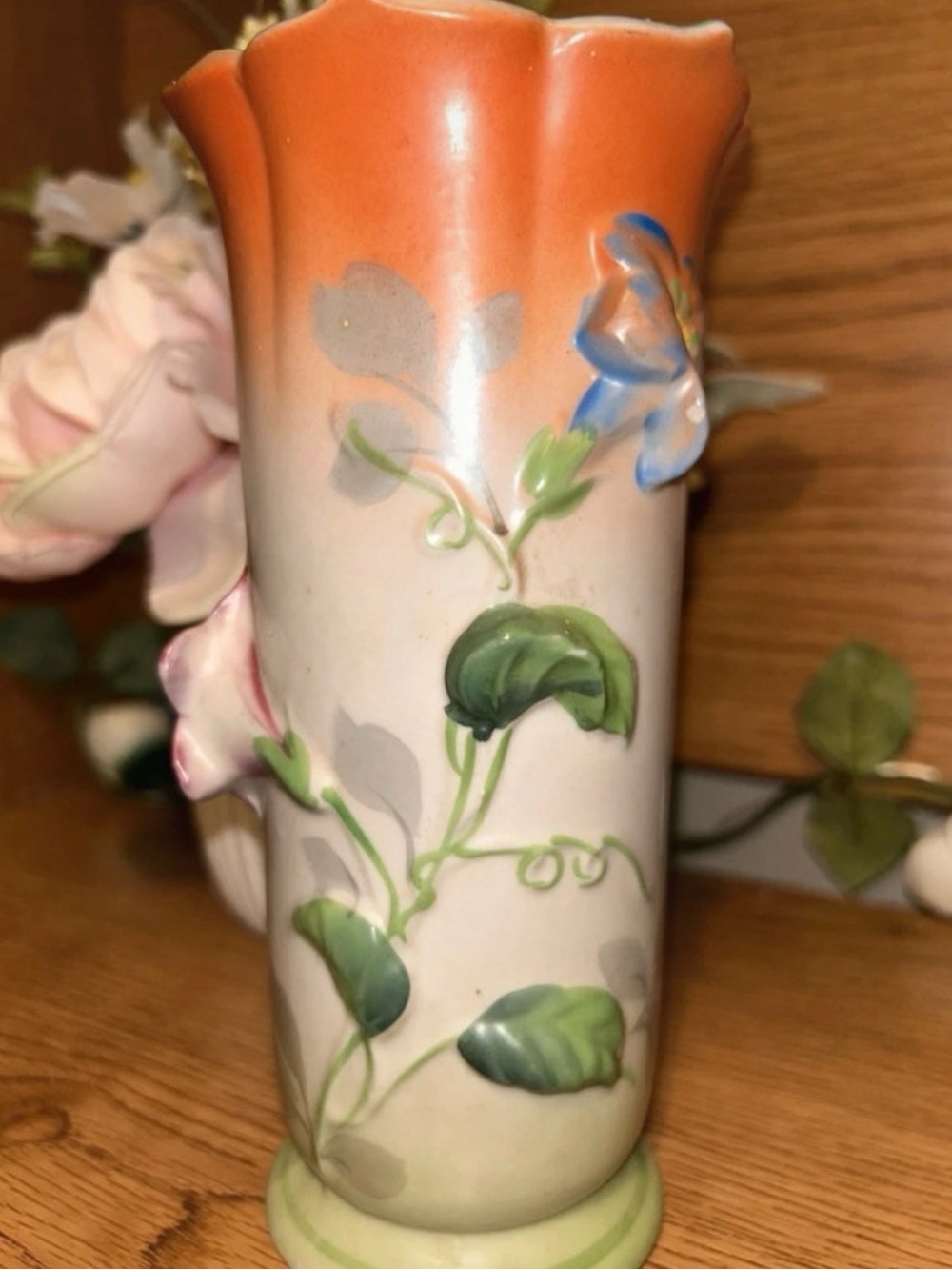 Vintage Trico Japan 1920s Hand-Painted Orange and Green Floral Ceramic Vase